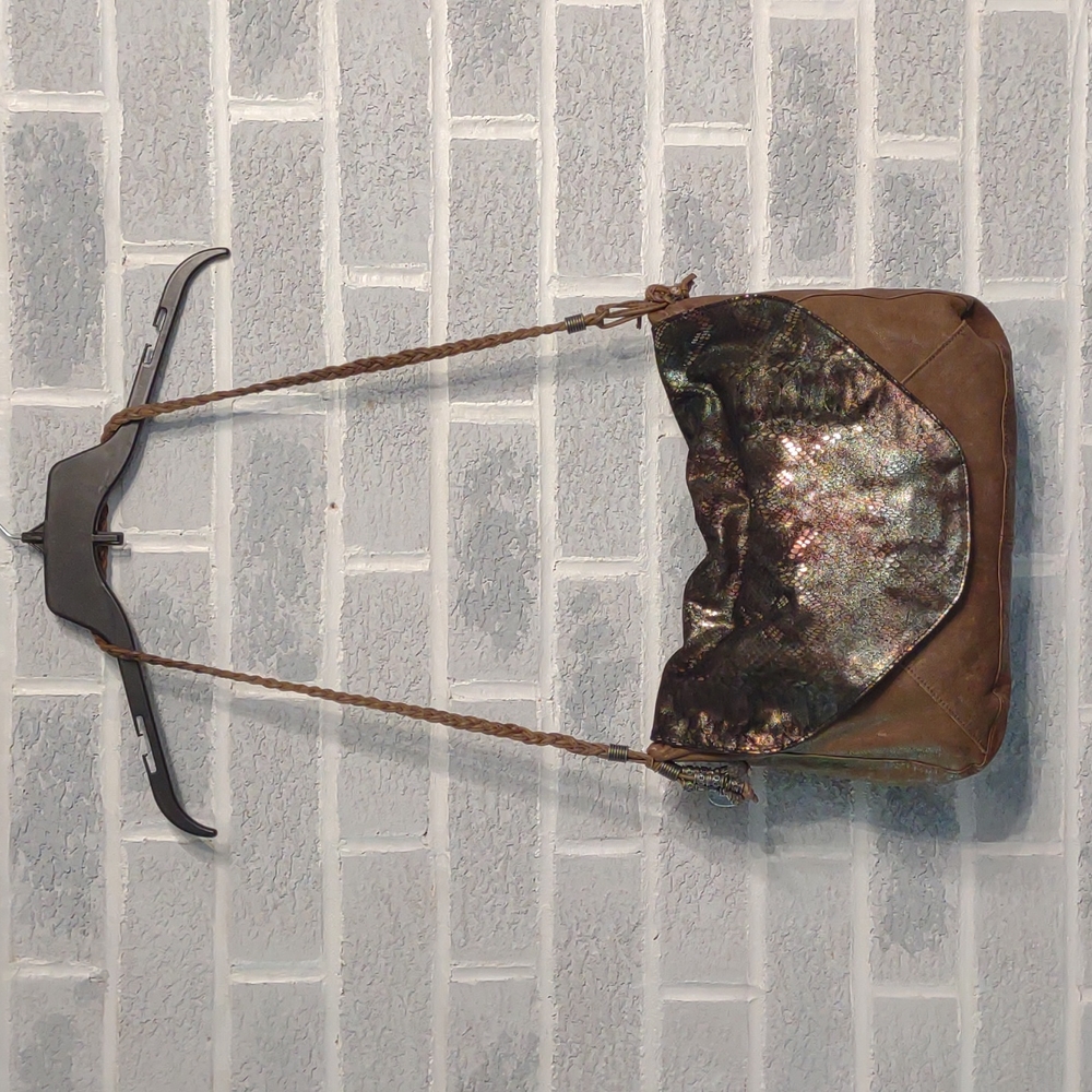 Tylie Malibu Women's Tan Leather Bag with Iridescent Reptile Print Magnetic Flap